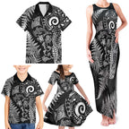 New Zealand Sea Animals Family Matching Tank Maxi Dress and Hawaiian Shirt with Maori Koru Tribal Tattoo and Silver Ferns Black Color
