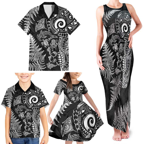 New Zealand Sea Animals Family Matching Tank Maxi Dress and Hawaiian Shirt with Maori Koru Tribal Tattoo and Silver Ferns Black Color