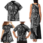 New Zealand Sea Animals Family Matching Tank Maxi Dress and Hawaiian Shirt with Maori Koru Tribal Tattoo and Silver Ferns Black Color