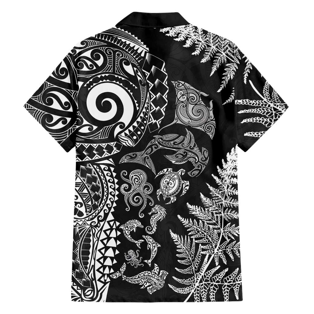 New Zealand Sea Animals Family Matching Tank Maxi Dress and Hawaiian Shirt with Maori Koru Tribal Tattoo and Silver Ferns Black Color