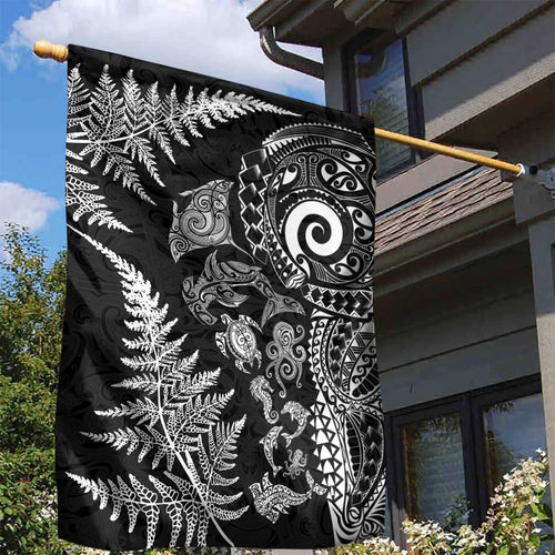 New Zealand Sea Animals Garden Flag with Maori Koru Tribal Tattoo and Silver Ferns Black Color