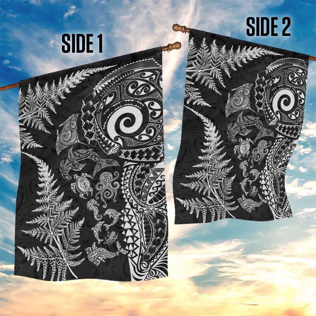 New Zealand Sea Animals Garden Flag with Maori Koru Tribal Tattoo and Silver Ferns Black Color