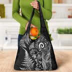New Zealand Sea Animals Grocery Bag with Maori Koru Tribal Tattoo and Silver Ferns Black Color