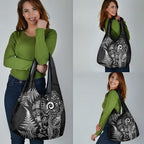 New Zealand Sea Animals Grocery Bag with Maori Koru Tribal Tattoo and Silver Ferns Black Color