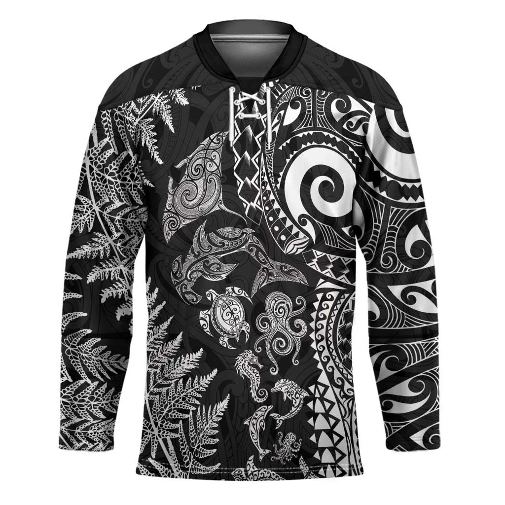 New Zealand Sea Animals Hockey Jersey with Maori Koru Tribal Tattoo and Silver Ferns Black Color