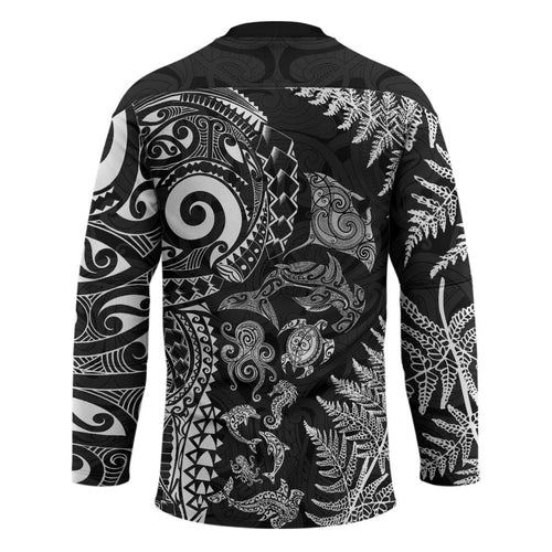 New Zealand Sea Animals Hockey Jersey with Maori Koru Tribal Tattoo and Silver Ferns Black Color
