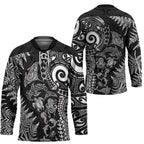 New Zealand Sea Animals Hockey Jersey with Maori Koru Tribal Tattoo and Silver Ferns Black Color