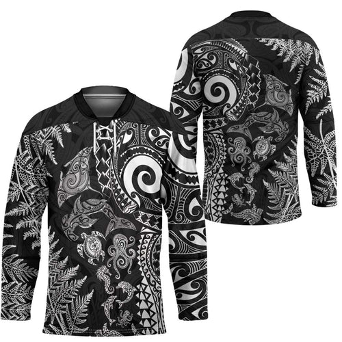 New Zealand Sea Animals Hockey Jersey with Maori Koru Tribal Tattoo and Silver Ferns Black Color