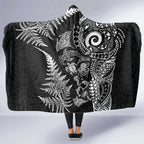 New Zealand Sea Animals Hooded Blanket with Maori Koru Tribal Tattoo and Silver Ferns Black Color