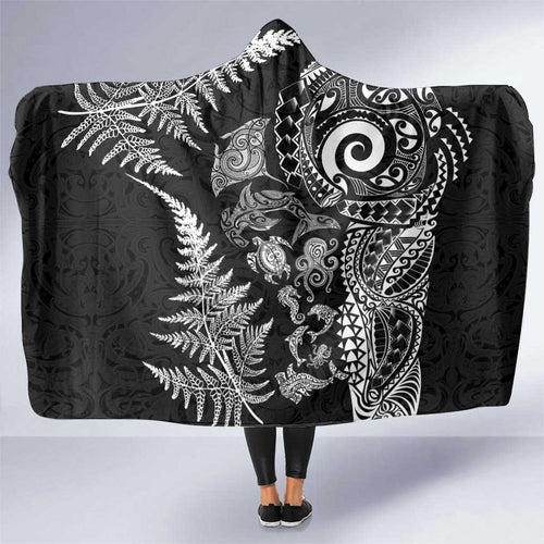 New Zealand Sea Animals Hooded Blanket with Maori Koru Tribal Tattoo and Silver Ferns Black Color