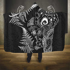 New Zealand Sea Animals Hooded Blanket with Maori Koru Tribal Tattoo and Silver Ferns Black Color