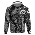 New Zealand Sea Animals Hoodie with Maori Koru Tribal Tattoo and Silver Ferns Black Color