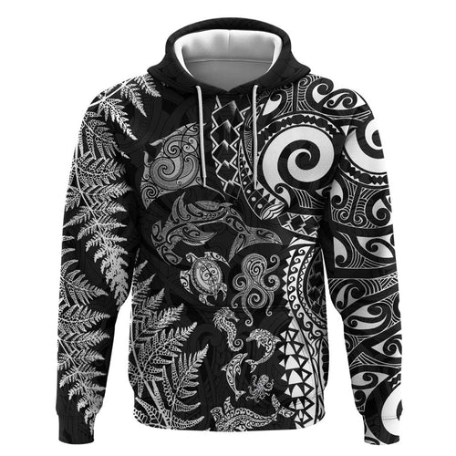 New Zealand Sea Animals Hoodie with Maori Koru Tribal Tattoo and Silver Ferns Black Color