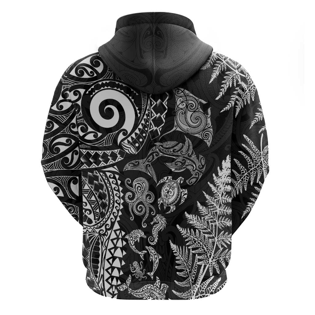 New Zealand Sea Animals Hoodie with Maori Koru Tribal Tattoo and Silver Ferns Black Color