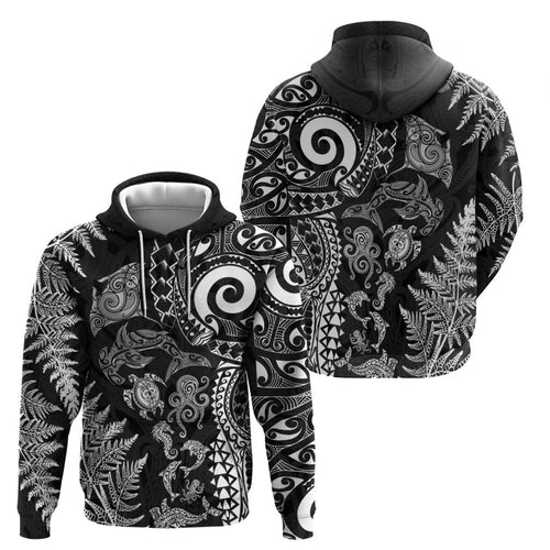 New Zealand Sea Animals Hoodie with Maori Koru Tribal Tattoo and Silver Ferns Black Color