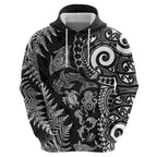 New Zealand Sea Animals Hoodie with Maori Koru Tribal Tattoo and Silver Ferns Black Color