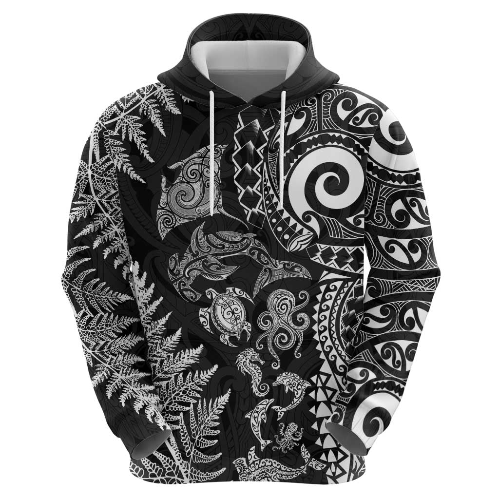 New Zealand Sea Animals Hoodie with Maori Koru Tribal Tattoo and Silver Ferns Black Color