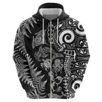 New Zealand Sea Animals Hoodie with Maori Koru Tribal Tattoo and Silver Ferns Black Color