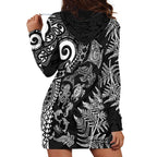 New Zealand Sea Animals Hoodie Dress with Maori Koru Tribal Tattoo and Silver Ferns Black Color