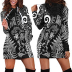 New Zealand Sea Animals Hoodie Dress with Maori Koru Tribal Tattoo and Silver Ferns Black Color