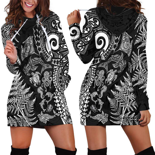 New Zealand Sea Animals Hoodie Dress with Maori Koru Tribal Tattoo and Silver Ferns Black Color