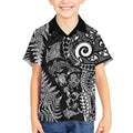 New Zealand Sea Animals Kid Hawaiian Shirt with Maori Koru Tribal Tattoo and Silver Ferns Black Color