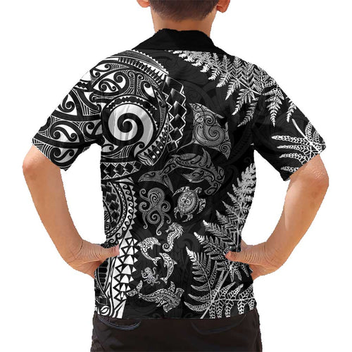 New Zealand Sea Animals Kid Hawaiian Shirt with Maori Koru Tribal Tattoo and Silver Ferns Black Color
