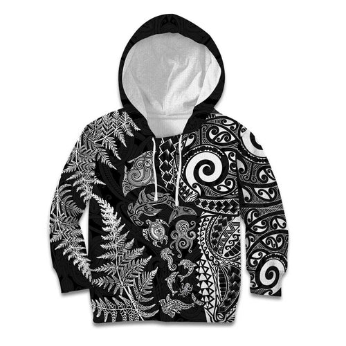 New Zealand Sea Animals Kid Hoodie with Maori Koru Tribal Tattoo and Silver Ferns Black Color