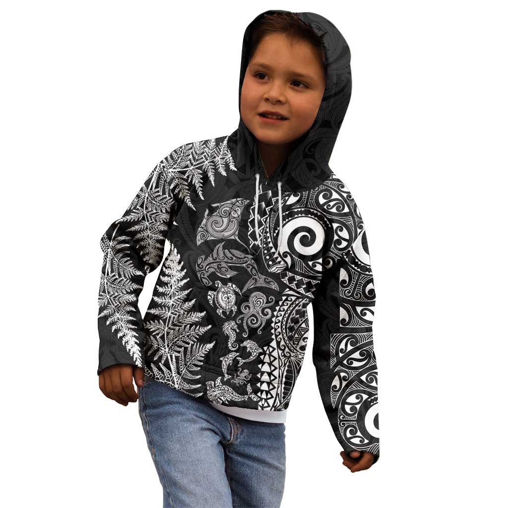 New Zealand Sea Animals Kid Hoodie with Maori Koru Tribal Tattoo and Silver Ferns Black Color