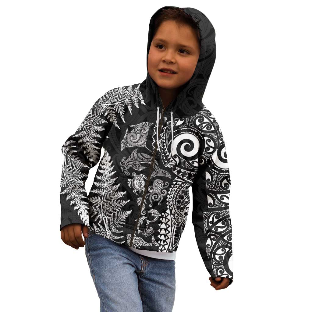 New Zealand Sea Animals Kid Hoodie with Maori Koru Tribal Tattoo and Silver Ferns Black Color