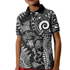 New Zealand Sea Animals Kid Polo Shirt with Maori Koru Tribal Tattoo and Silver Ferns Black Color