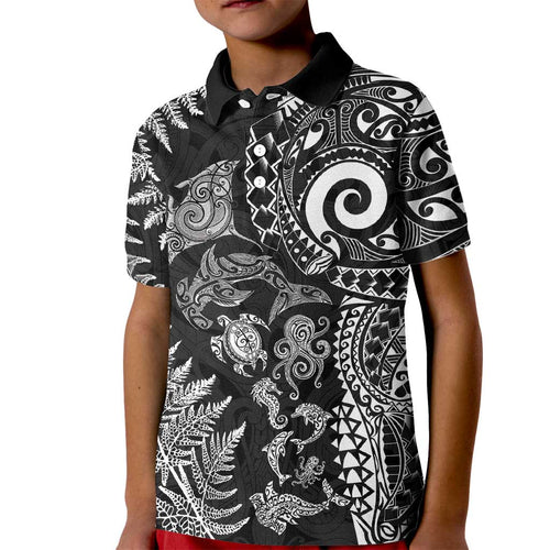 New Zealand Sea Animals Kid Polo Shirt with Maori Koru Tribal Tattoo and Silver Ferns Black Color