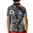 New Zealand Sea Animals Kid Polo Shirt with Maori Koru Tribal Tattoo and Silver Ferns Black Color