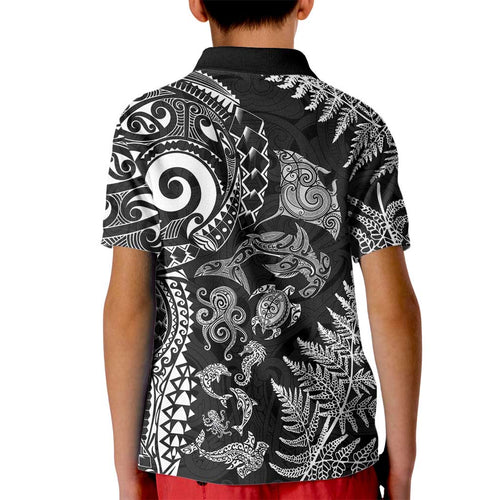 New Zealand Sea Animals Kid Polo Shirt with Maori Koru Tribal Tattoo and Silver Ferns Black Color