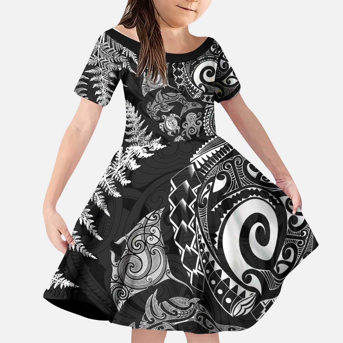 New Zealand Sea Animals Kid Short Sleeve Dress with Maori Koru Tribal Tattoo and Silver Ferns Black Color