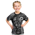 New Zealand Sea Animals Kid T Shirt with Maori Koru Tribal Tattoo and Silver Ferns Black Color
