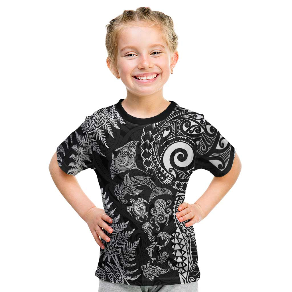 New Zealand Sea Animals Kid T Shirt with Maori Koru Tribal Tattoo and Silver Ferns Black Color