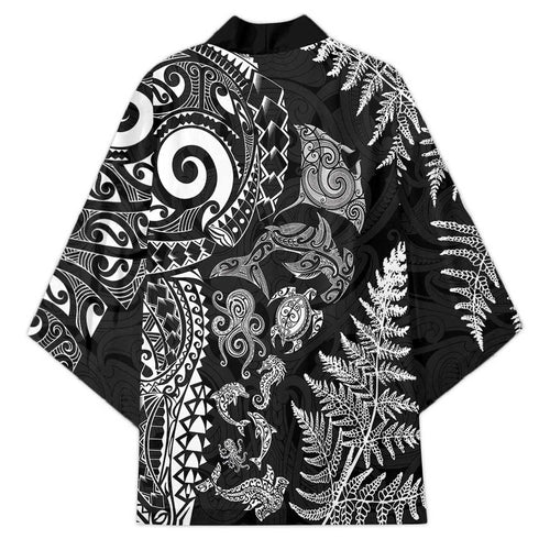 New Zealand Sea Animals Kimono with Maori Koru Tribal Tattoo and Silver Ferns Black Color