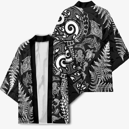 New Zealand Sea Animals Kimono with Maori Koru Tribal Tattoo and Silver Ferns Black Color