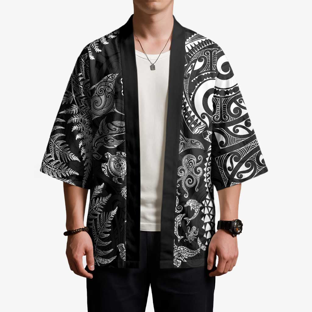 New Zealand Sea Animals Kimono with Maori Koru Tribal Tattoo and Silver Ferns Black Color