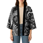 New Zealand Sea Animals Kimono with Maori Koru Tribal Tattoo and Silver Ferns Black Color