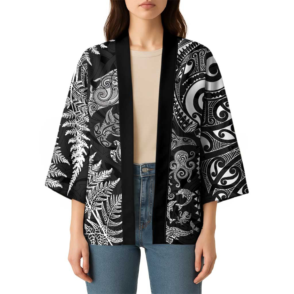 New Zealand Sea Animals Kimono with Maori Koru Tribal Tattoo and Silver Ferns Black Color