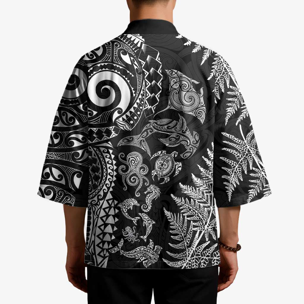 New Zealand Sea Animals Kimono with Maori Koru Tribal Tattoo and Silver Ferns Black Color