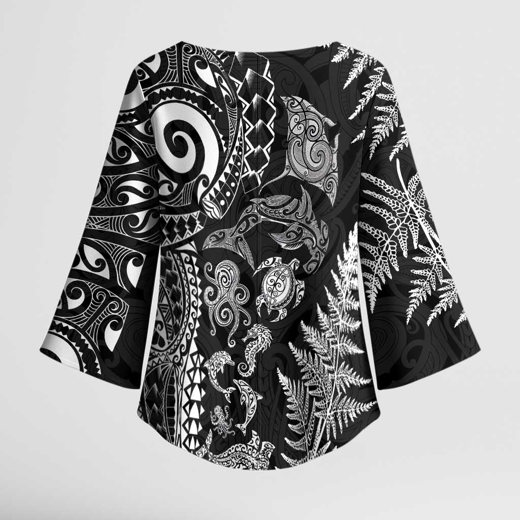 New Zealand Sea Animals Kimono Sleeve Blouse with Maori Koru Tribal Tattoo and Silver Ferns Black Color