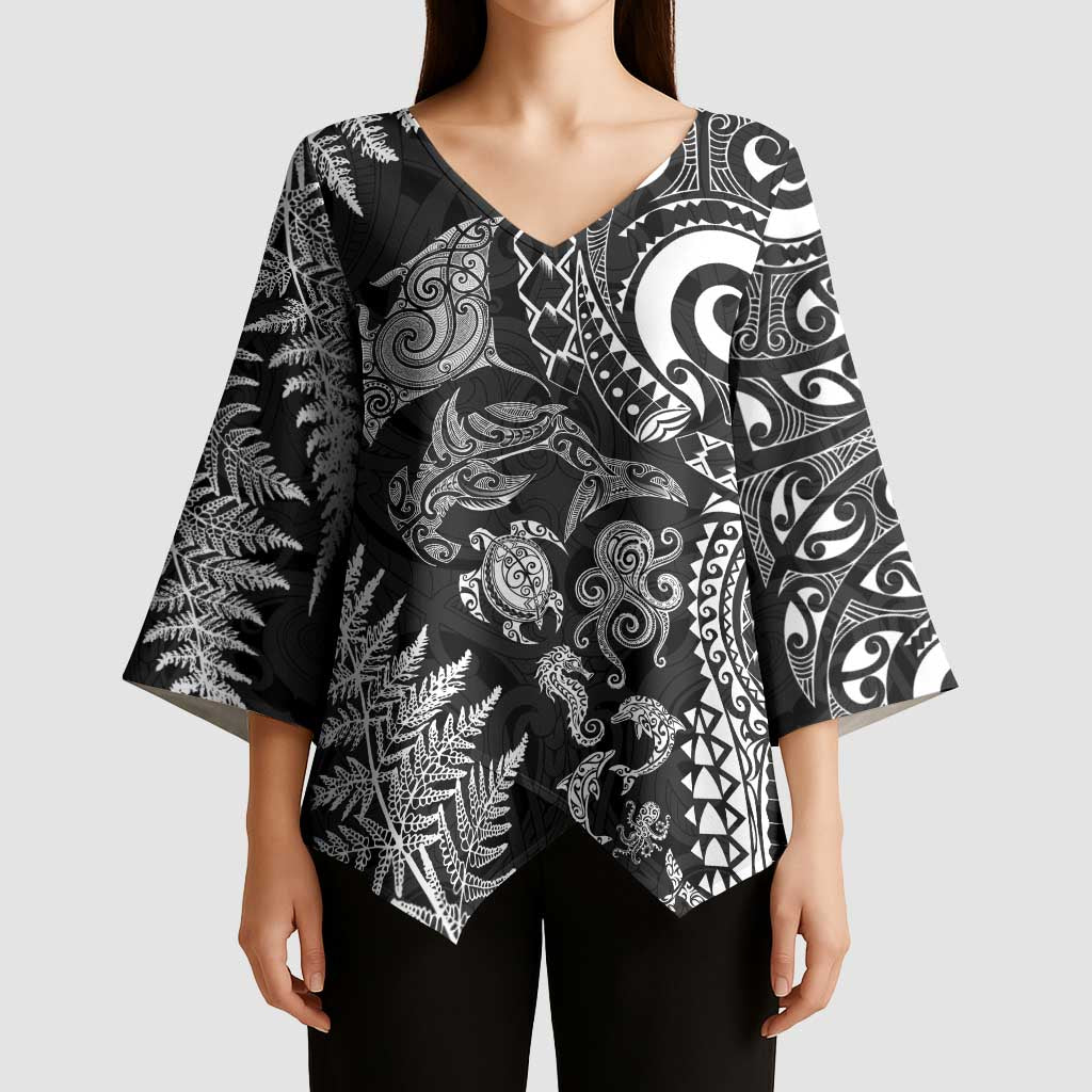 New Zealand Sea Animals Kimono Sleeve Blouse with Maori Koru Tribal Tattoo and Silver Ferns Black Color