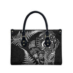 New Zealand Sea Animals Leather Bag with Maori Koru Tribal Tattoo and Silver Ferns Black Color