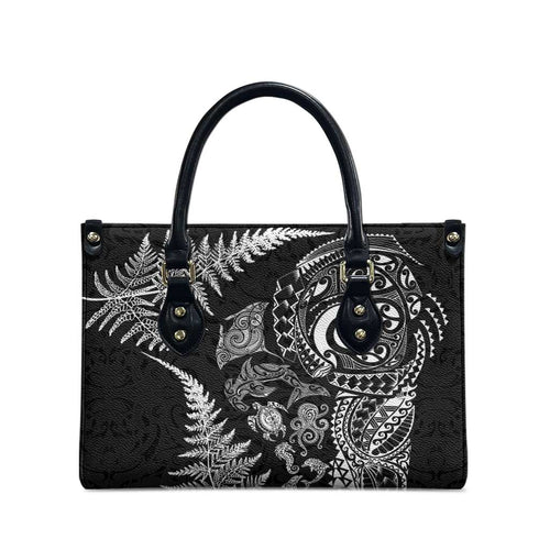 New Zealand Sea Animals Leather Bag with Maori Koru Tribal Tattoo and Silver Ferns Black Color