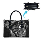New Zealand Sea Animals Leather Bag with Maori Koru Tribal Tattoo and Silver Ferns Black Color
