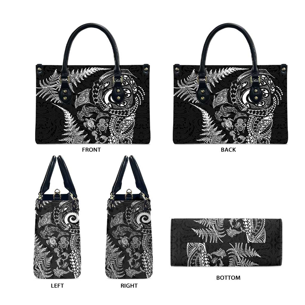 New Zealand Sea Animals Leather Bag with Maori Koru Tribal Tattoo and Silver Ferns Black Color