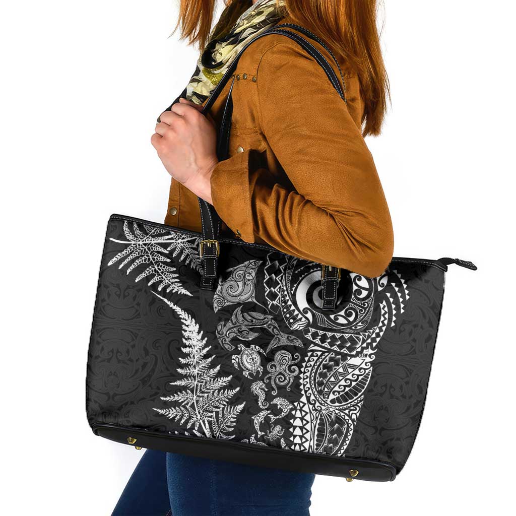 New Zealand Sea Animals Leather Tote Bag with Maori Koru Tribal Tattoo and Silver Ferns Black Color